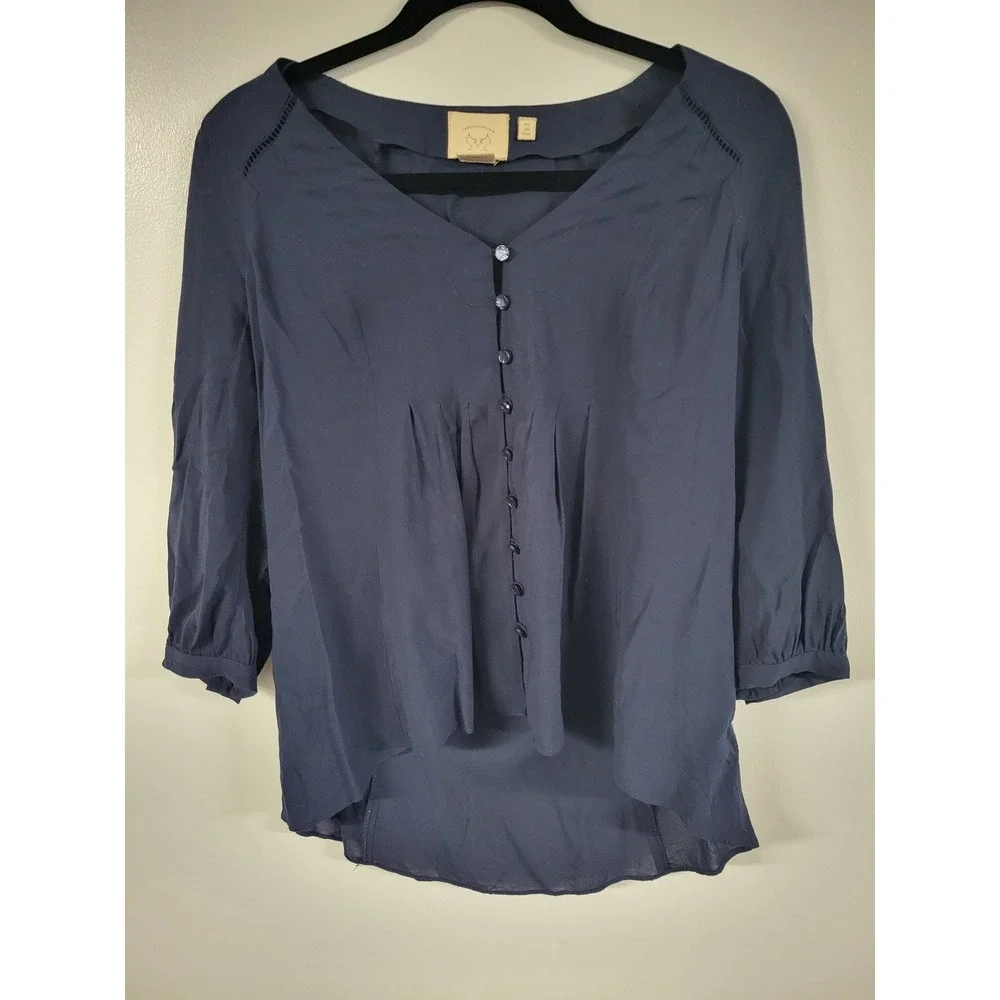 Vanessa Virginia Anthropologie Navy Blue Button Down Hi-Lo Blouse Top US 0 - Picture 1 of 10